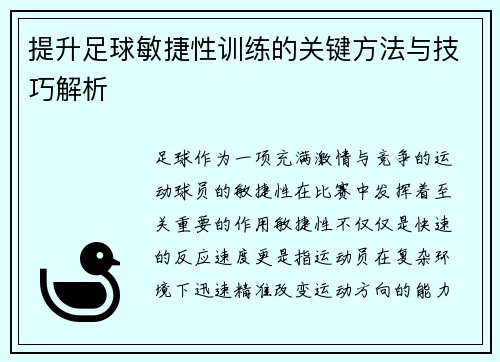 提升足球敏捷性训练的关键方法与技巧解析