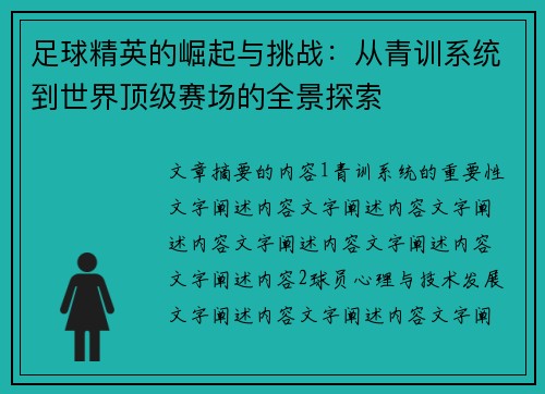 足球精英的崛起与挑战：从青训系统到世界顶级赛场的全景探索