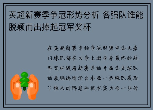 英超新赛季争冠形势分析 各强队谁能脱颖而出捧起冠军奖杯