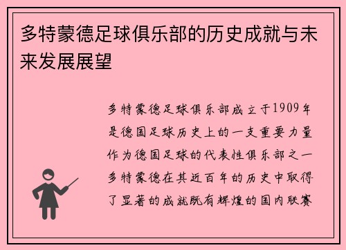 多特蒙德足球俱乐部的历史成就与未来发展展望