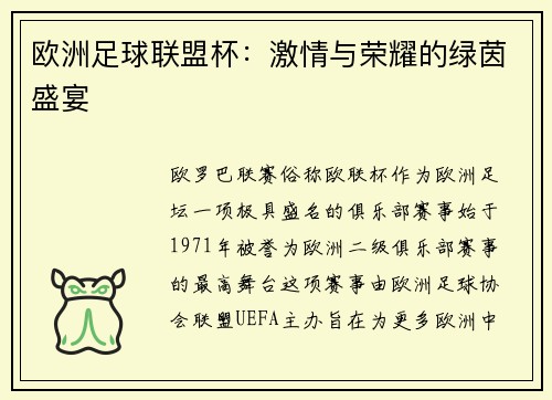 欧洲足球联盟杯：激情与荣耀的绿茵盛宴